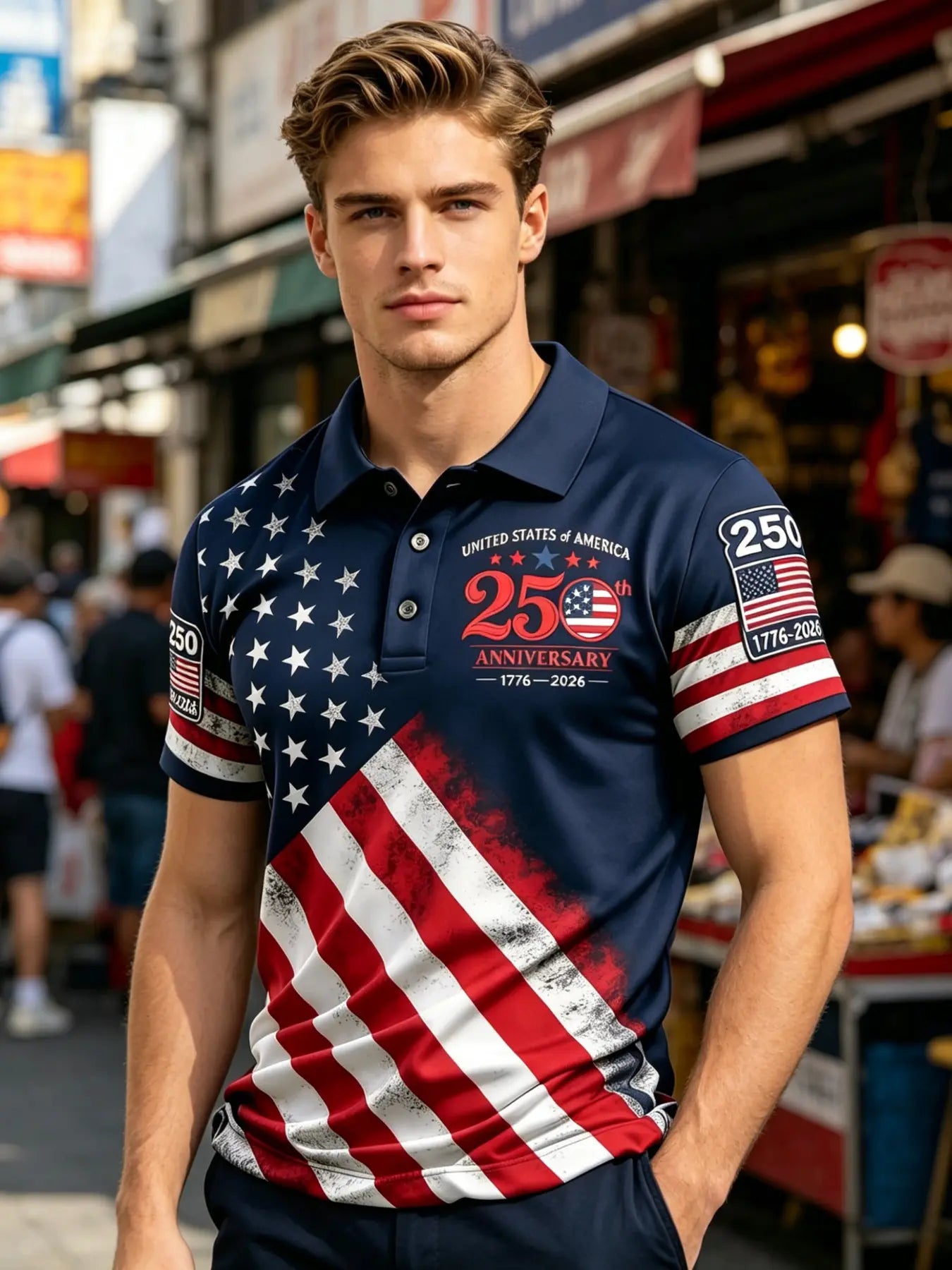 Patriotic American Flag Polo Shirt for Men, 250th Anniversary 1776-2026