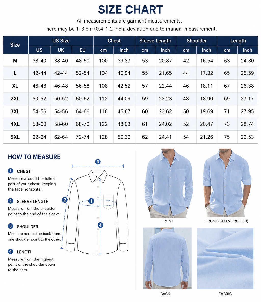 Classic Long Sleeve Linen Shirt - Men's Casual Button-Down