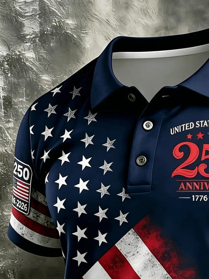 Patriotic American Flag Polo Shirt for Men, 250th Anniversary 1776-2026