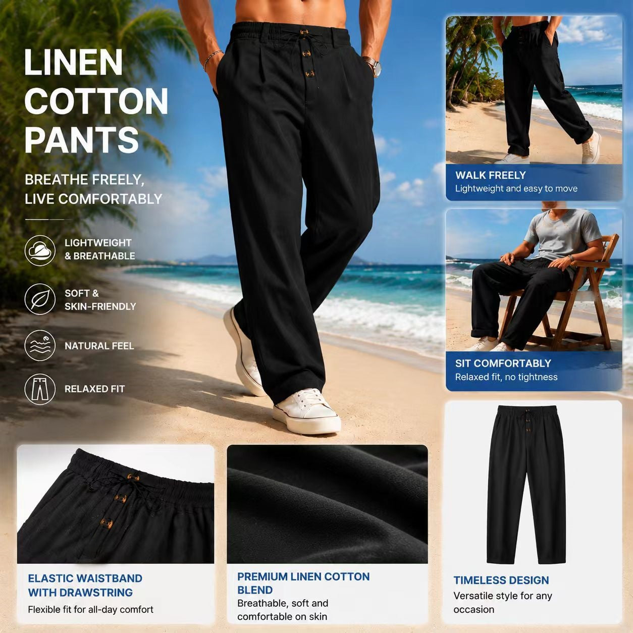 ⏳Limited-Time Offer⏰Men's Loose Fit Casual Relaxed Fit LightweightLinen Pants