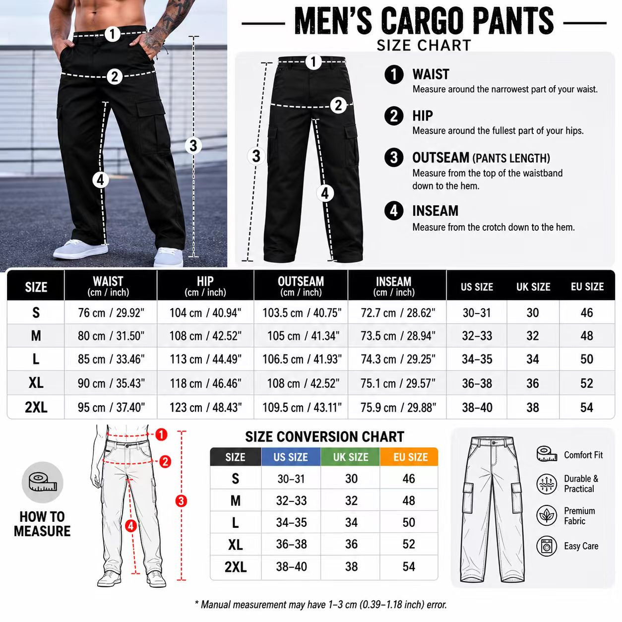 Men's Casual Loose Fit Cargo Pants – Breathable Durable Fashion Workwear Trousers